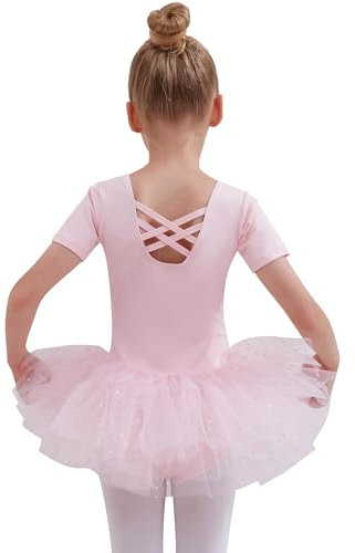 Tancefair Kinder Ballettkleidung Mädchen Glitzernder Ballettkleid Kurzarm Baumwolle Balletttrikot Ballettanzug Tanzkleid Tanzbody mit Glänzendem Rock Tütü