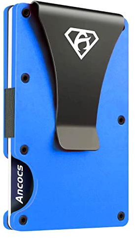 Ancocs Credit Card Holder Minimalist Design with Metal Money Clip -NFC RFID Blocking Slim Aluminum Wallet Purse Card Organizer for Men（Blue）