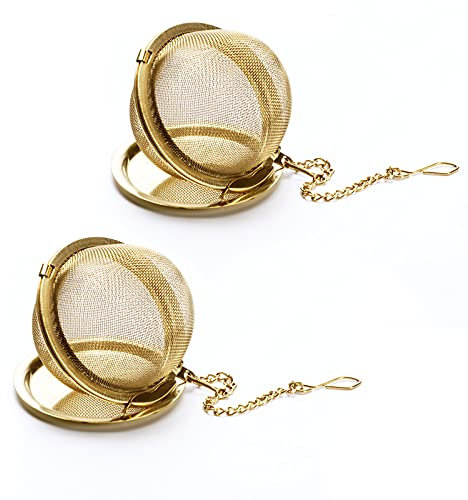 Tea Infuser, Stainless Steel Mesh Tea Ball, Premium Tea Infusers for Loose Tea, Tea Filter Strainers Interval Diffuser with Extended Chain Hook for Brew Tea and Spices & Seasonings (2pcs) (Gold)