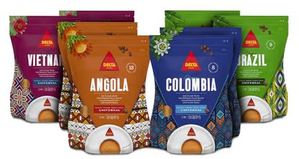 Pack Delta Cafés Orígenes - Café Molido - Color Sabor y Olor Característicos del Origen - 2 de Colombia - 2 de Angola - 2 de Vietnam - 2 de Brasil - 8 x 220 g