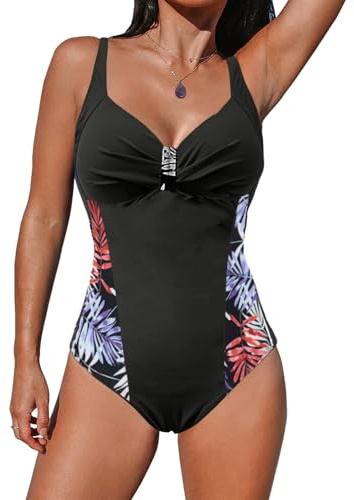 JFAN Monokini baddräkt i ett stycke dam sommar v-ringad bikini med rosett one piece tröja dam, Svart blad, S