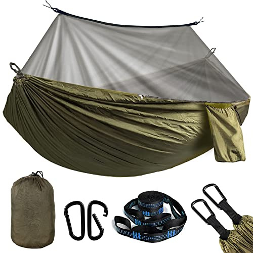 Hamac Moustiquaire, Hamacs Suspendus 300kg Capacité Charge, Hamac Exterieur Suspendu, Bivouac Tente Pliable Balancelles Accessoires avec Respirant Léger pour Camping Voyage Randonnée Jardin 275×140cm