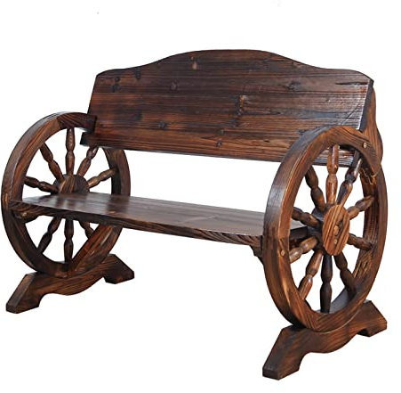 ZMYJTO 2-Personen-Wagenrad-Bank aus Holz für den Garten, Garten-Parkbank im Freien, karbonisierte, konservierte Massivholz-Sitzbank mit Rückenlehne, Lattensitz auf der Veranda, rustikale Landmöbel