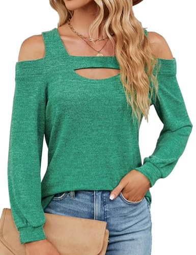 HANERDUN Camicia Donna Maniche Lunghe Blusa Camicetta con Spalle Scoperte Elegante Tunica Lavorata a Maglia con Scollo Quadrato