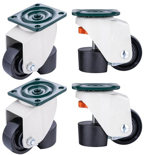 KATSU Rotelle Livellanti 4Pezzi, Capacità di Carico Statico 550KG, Diametro 50mm Rotelle Girevoli Livellanti Retrattili Ruote Piastra Altezza Regolabile per Carrello Mobili Carrello Banco Lavoro