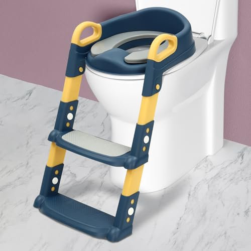 Toilettensitz Baby mit Treppe, Toilettensitz Kinder, Toilettentrainer faltba, mit PU Gepolstert & 4 rutschfesten Gummipads einstellbare Höhe mit Rutschfesten Pedalen, für 2-7 Kinder alt Blau