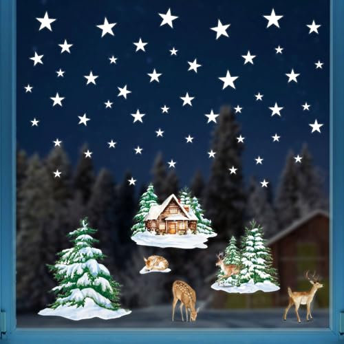 4 Fogli Vetrofanie Natalizie per Finestre, Adesivi Natalizi per Finestre Albero di Natale Stelline Renne, Sticker Natalizi Decorazione Addobbi Vetrina Vetro Natale