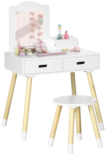 ZONEKIZ Set Toeletta per Bambini in Legno, Tavolo da Trucco con Specchio e 2 Cassetti e Sgabello in Stile Scandinavo, Bianco e Colore Legno