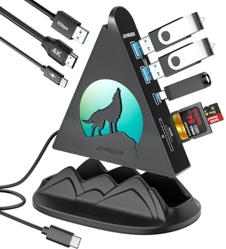 USB C Hub Multiport Adapter, 8-in-1 Wolf USB Hub with 4K@30Hz HDMI, 100W PD, 5Gbps 3xUSB-A 3.0, USB-C, SD/TF Card Reader, RGB Vertical Gaming hub for MacBook, iMac, iPad, iPhone16, XPS, Surface, etc.