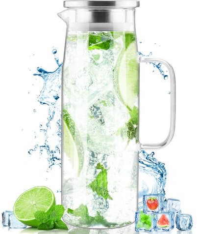 Zosenyer Jarra Agua Cristal, 1,5 L Jarra nevera de Agua con Tapa Sellada, Pico Vertedor Antiderrames con Doble Filtro, Fácil Limpiar Resistente Calor/Frío, Para Agua, Vino, Té Helado, Jugos