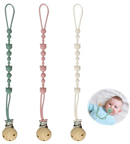 Lot de 3 Attache Tetine Silicone, Une Seule Pièce Attache Sucette Silicone Élastiques et Robustess Pacifier Chain Chaîne souples flexibles Soothie Tétine Clip Pour Garçons Fille(vert,Beige,Violet Clai