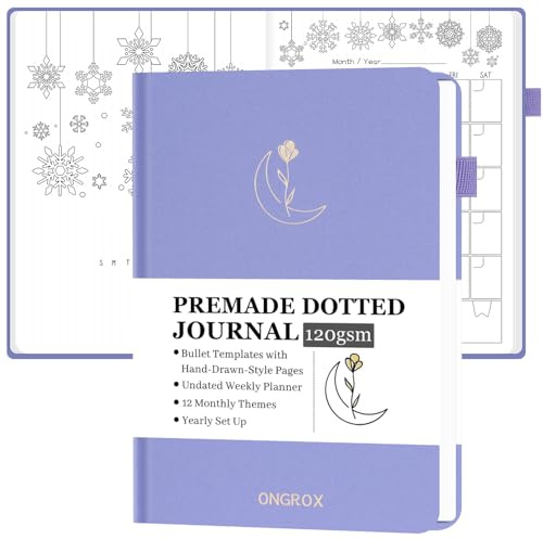 ONGROX Premade Bullet Style Notebook with Hand-Drawn Pages, Dotted Journal with Unique Pre-Made Bullet Templates, Undated Planner with Weekly Spreads & Monthly Themes, 12 Months, A5 Linen Hardcover