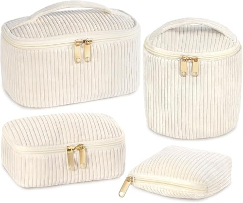4 stycken sminkväska, beige skönhetsset för kvinnor i storlek med satinbörde, portabelt set med resesminkväskor, sminkväska för daglig användning och resor för kvinnor och flickor | Beige necessär set med satinfoder, bärbar resemakeupväska, necessär för dagligt bruk och resor