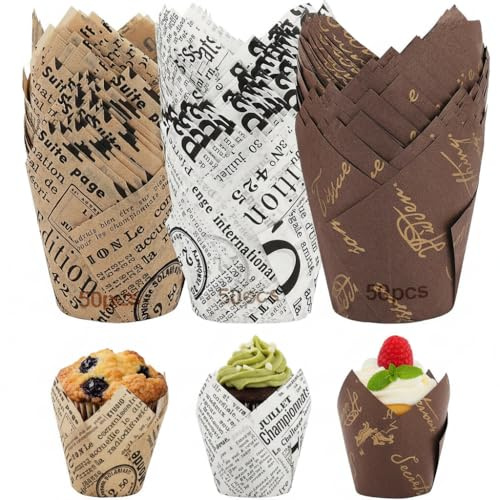150 Pz Pirottini per Muffin in Carta Tulipano – Stampo Cupcake in Carta Anti-Grasso, Resistente al Calore, 3 Colori per Feste, Matrimonio e Compleanno