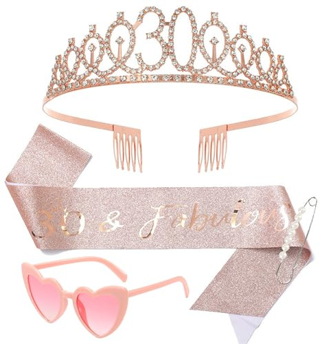 deegbbyi Couronne et Ruban pour Le 30e Anniversaire, Decoration 30 Ans Femme, Anniversaire Écharpe et Diadème, avec Lunettes à Monture Rose, pour La Décoration de Fête d'Anniversaire de 30 Ans