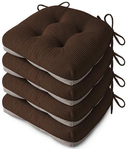 FlyGulls Seat Cushions for Dining Chairs Set of 4, 46X42X8cm, Brown | Elegant Breathable Textured Fabric, with Ties, Tufted, Thick Polyester Filling, for Folding Chairs, Kitchen, Office