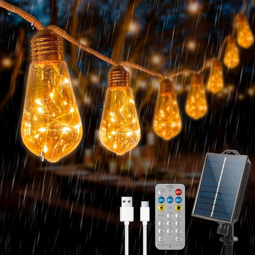 Guirnalda luminosa exterior, guirnalda solar con 16 bombillas, cuerda de cáñamo 6,4 m, 8 modos IP65, impermeable, mando a distancia y carga USB, para jardines, patios, bistros, pabellón