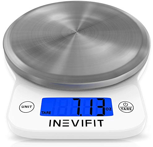INEVIFIT Digital Kitchen Scale, Highly Accurate Multifunction Food Scale 13 lbs 6kgs Max, Clean Modern White with Premium Stainless Steel Finish. Includes Batteries