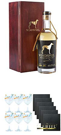 Windspiel Premium Dry Gin RESERVE 0,5 Liter 49,3% in Holzkiste + Gin Sul Copo Ballon Glas 6 Stück + Schiefer Glasuntersetzer eckig 6 x ca. 9,5 cm Durchmesser