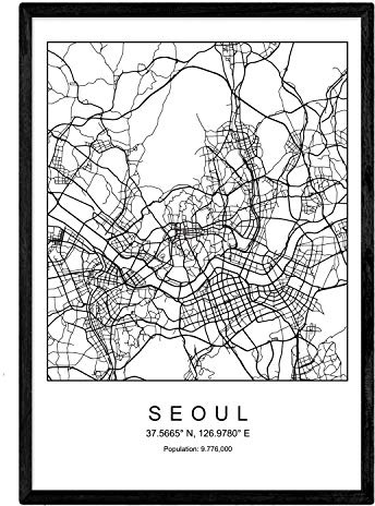 Nacnic Stampa Seoul mappa della città in stile nordico in bianco e nero. Fotogramma A4 carta stampata No 250 gr. Dipinti, stampe e manifesti per soggiorno e camera da letto