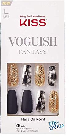 KISS Voguish Fantasy Faux Ongles en Gel Presse à Coller Style New York Longue Longueur avec 24 Onglets Adhésifs, Colle à Ongles Gel Bâton Manucure, Mini Lime et 28 Faux Ongles