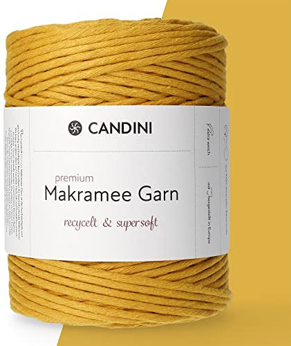 Candini Premium Makramee Garn | senfgelb | 3mm x 200m | 100% recycelte Baumwolle aus Portugal | Makramee Baumwollgarn, DIY