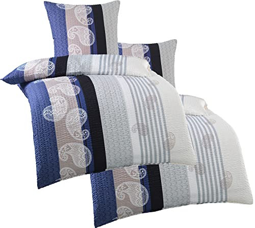 4-Piece Seersucker Bed Linen Duvet Covers 2X 135 x 200 cm + 80 x 80 cm Blue Taupe White Paisley Non-Iron Microfibre (W400983)