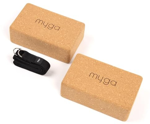 Myga Kork Yoga Zubehör Set | 2 Rutschfeste Kork Blöcke & Verstellbarer Gurt (Schwarz) | Perfekt für Anfänger & Fortgeschrittene | Unterstützung bei Yoga & Pilates Übungen | Leicht & Tragbar