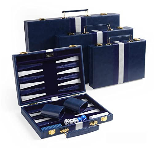 Magic Vosom Travel Small 11 Inch Backgammon Blue Sets Classic Board Game with Premium Leather Case, Portable Travels Strategy Backgammon Game Set for Adults, Kids (Blue, Small)