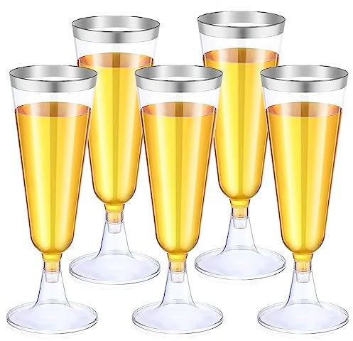 LATERN 50 Piezas Copas de Champán con Borde de Plateado, 150ml Copas de Champán de Plástico Copas de Vino de Fiesta con Tallo Reutilizables para Aniversario Bodas Jardín Fiestas (5,5 x 16,5cm)