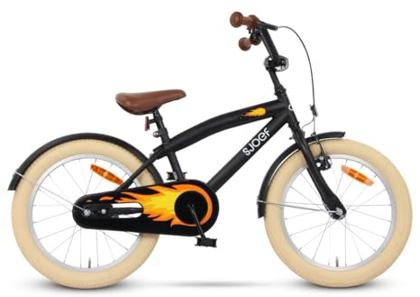 SJOEF Cruise Kinderfahrrad 18 Zoll | Ab 5-7 Jahren | einfache Montage (95% vormontiert) | Kinder Fahrrad für Jungen/Jugend | Kleidergröße von 110 bis 123 cm | inklusive Seitenständer - Matt Schwarz