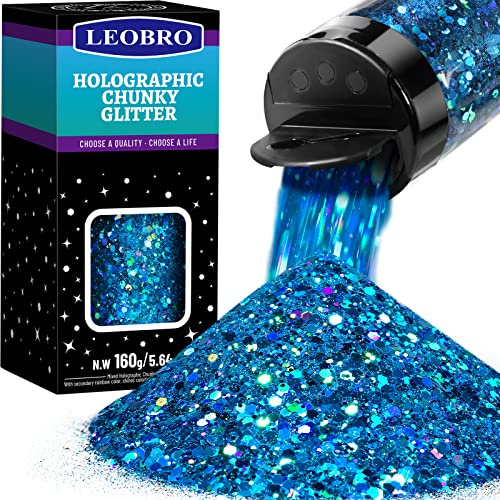 LEOBRO Holographic Chunky Glitter 160G/5.64OZ, Craft Glitter for Resin Cosmetic Flakes Sequins for Body, Face, Crafts, Ocean Blue