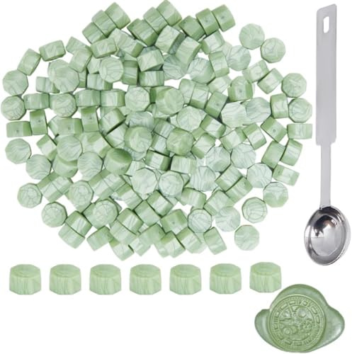 CRASPIRE 100 pièce de Perles à Cacheter de Cire Vert Pâle Octogonales avec 1 cuillères en Acier Inoxydable et pour Sceller des Tampons de Cire Invitations de Mariage Cartes