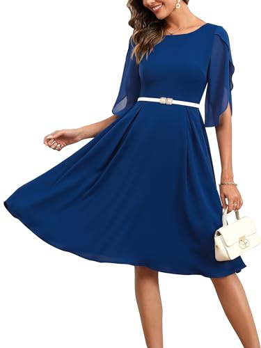 Missufe Vestito da Cocktail da Donna Abito da Festa Vestito da Sera Abito in Chiffon Rockabilly al Ginocchio Linea A Elegante Vestiti Svasati, Royal, M