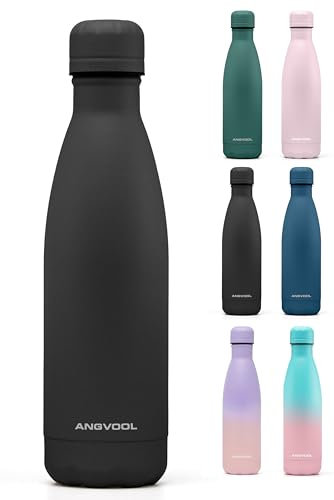 ANGVOOL Insulated Water Bottle, Stainless Steel Metal Thermal Flask for Hot and Cold Drinks, Leak Proof BPA Free Drinking Bottles for Kids or Adults (Black, 500ml)