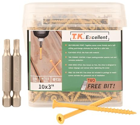 T.K.Excellent Deck Screws 3 Inch Wood Screws #10 x 3, 315 Pcs, Rust Resistant Structural Screws Tan Exterior Fence Screws Torx Drive Screw, Two T25 Bits, Brilliant Yellow Ruspert Coating Rust Proof