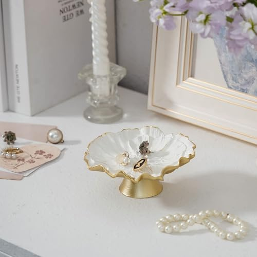 NIKKY HOME Small Vintage Ring Holder Jewelry Dish, Flower Shaped Trinket Display Decorative Metal Tray Classy Birthday Gifts for Women, White