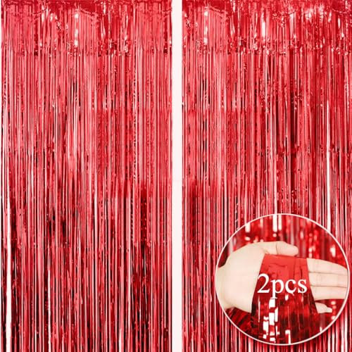 2pcs 3.2ft x 6.5ft Foil Fringe Curtain Door Curtains, Metallic Tinsel Curtains Streamers for Birthday Graduation Wedding Engagement Bridal Shower Bachelorette Holiday Party Decoration (Red)