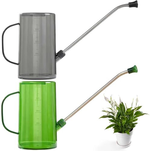 Regadera cilíndrica de 1 L, 2 unidades, regadera para plantas de interior con boquilla de acero inoxidable, jarra de riego de plástico, caño largo de acero inoxidable, para interior, apartamento,