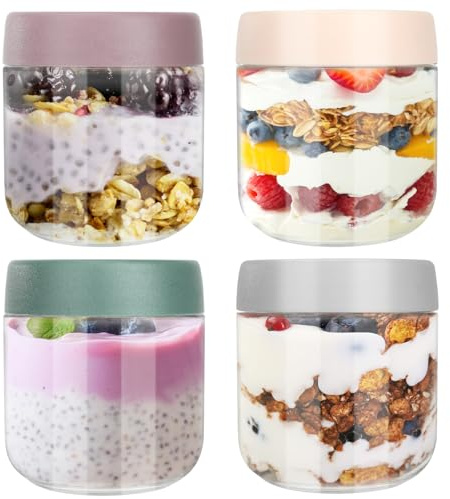 Aevcvok 4 Overnight Oats Jar, 300ml Pot Overnight Oat Verre, Petit Pot Yaourt en Verre avec Couvercle, Bocaux Overnight Oats, Meal Prep Containers pour Yaourts, Puddings, Smoothie, Salade