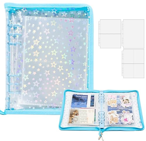 A5 Sticker Storage Binder with Zipper Closure, Reusable Sticker Organizer Album with Pockets, Perfect for Collecting, Organizing, and Displaying Stickers (Star-Blue)