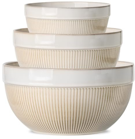 TEAKISS Large Ceramic Mixing Bowls, Glazed White Kitchen Bowl (10/8/6), Set of 3 Nesting Bowls for Baking, Cooking, Serving, Prepping, Dough Kneading, Microwave and Dishwasher Safe