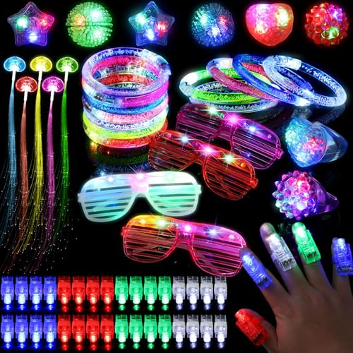 Mikulala 64 PZ Giocattoli a LED - Accessori per feste luminose con 40 luci per dita, 8 anelli gelatinosi a LED, 4 occhiali lampeggianti, 8 bracciali e 4 luci per capelli a fibra ottica