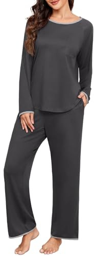 PrinStory Ensemble de pyjama à manches longues pour femme - Haut à col rond et bas de jambe large - Vêtement de détente avec poches, gris foncé, S