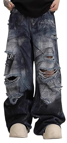 Unisex Y2K Distressed Baggy Wide Leg Jeans for Men Women - Vintage Washed Ripped Denim Streetwear Pants (Medium)