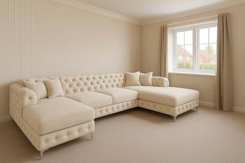 Sofaya Bella U Shaped Chesterfield Sofa Full Back Sectional Chaise Sofa with Deep Button Tufting – Upholstered Fabric Couch with Cushions - 6-Seater Sofa for Living Rooms (Cream, U Shaped Sofa)