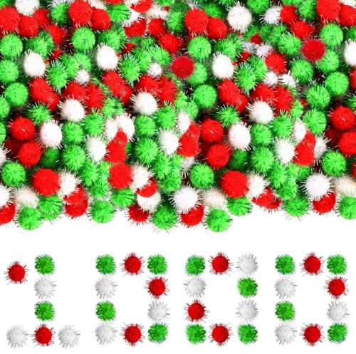Pompones 1000 Piezas Pompones de Colores 1.5 cm Minipompones Purpurina Minipompones para Manualidades Creativas, Decoración de Navidad, Regalos
