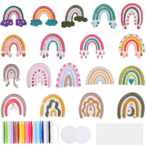 Nutmanel 18 piezas Arcoiris Parche Termoadhesivo, Bordados Parche Ropa, Accesorios de Costura, con Hilo de Coser de Colores, para Decorar y Reparar Agujeros en Sombreros, Jeans, Mochilas y Ropa