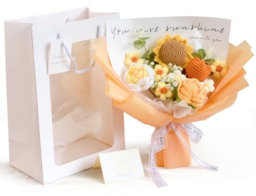 LuckyBundle Champagne Series Crochet Flower Bouquet – Handmade Sunflower, Rose & Tulip Crocheted Flowers for Home Decor, Mother’s Day, Valentine’s, Birthday – Gift Bag & Card Included