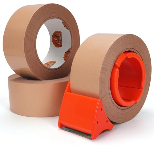 TAPEBEAR Eco-Friendly Paper Packing Tape with Dispenser, Waterproof Coated | Kraft Packaging Tape 5cm*50m Brown Cardboard Tape Self Adhesive for Moving Packing Shipping Sealing Boxes, 3Rolls